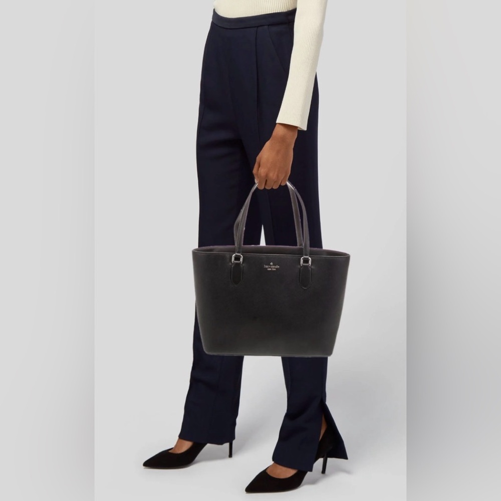 [Kate Spade] New York Saffiano Black Leather Zip-Close Medium Tote Handbag Purse